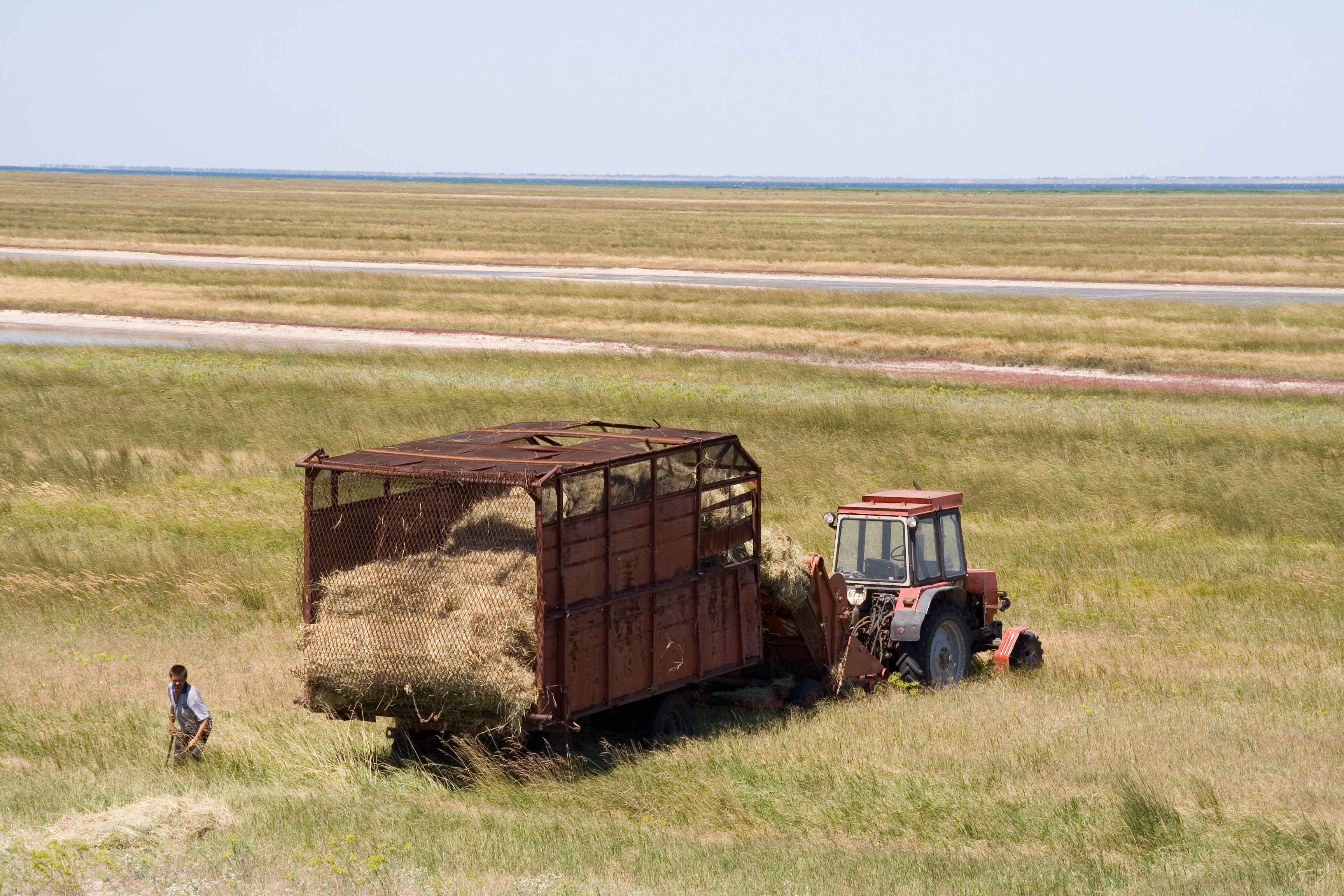 Tractor pulling a trailer loaded with hay across a field